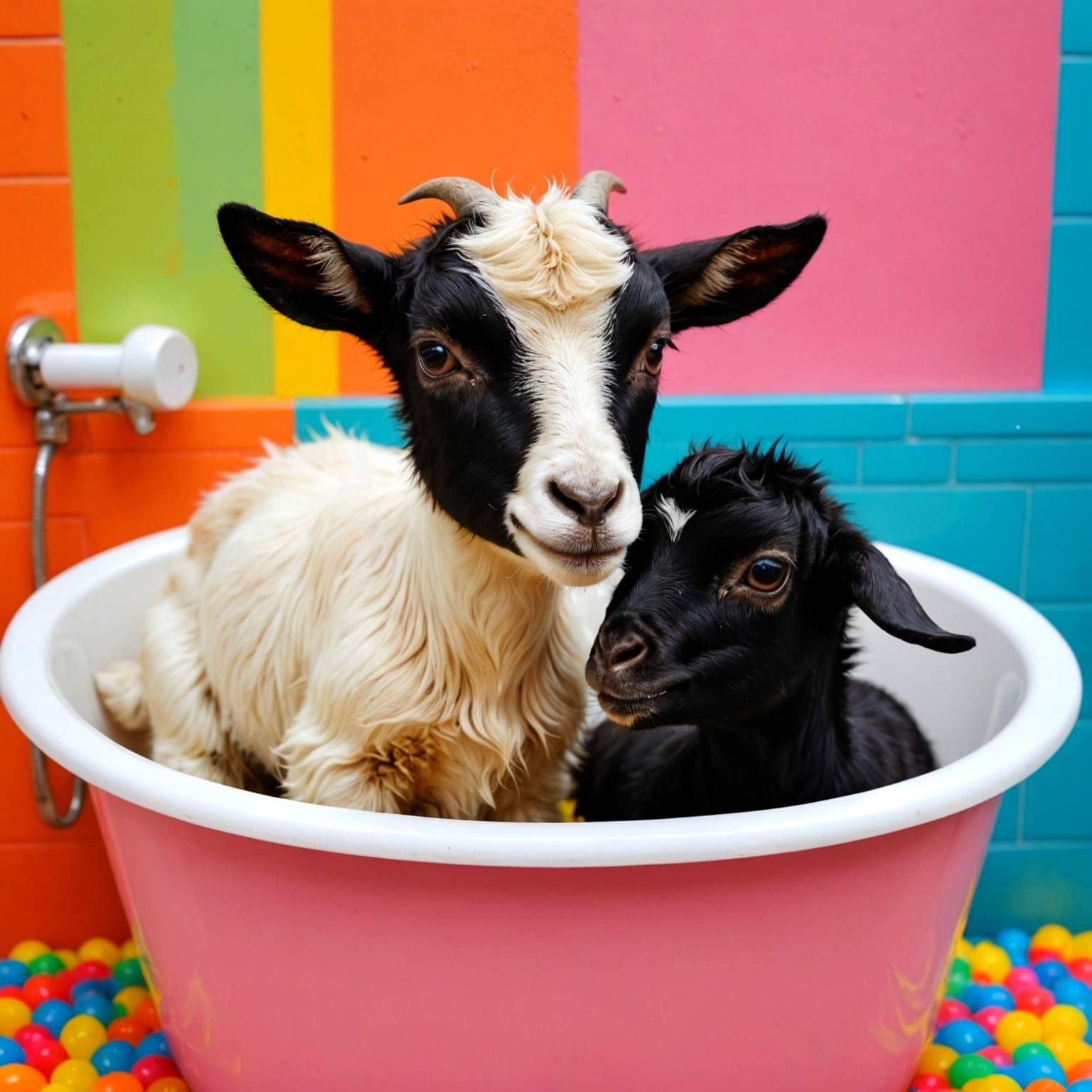 Vibrant Surreal Baby Goats in Whimsical Bath Scene
