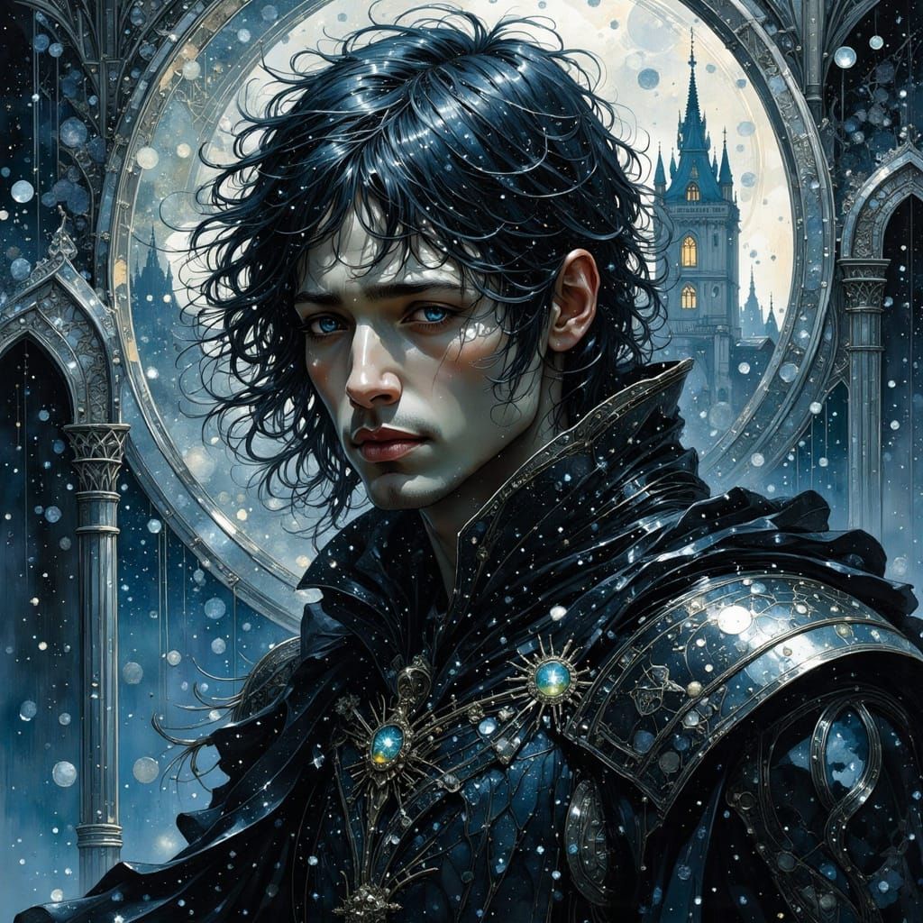 Sinister Knight Before Gothic Castle, in Art Nouveau Style