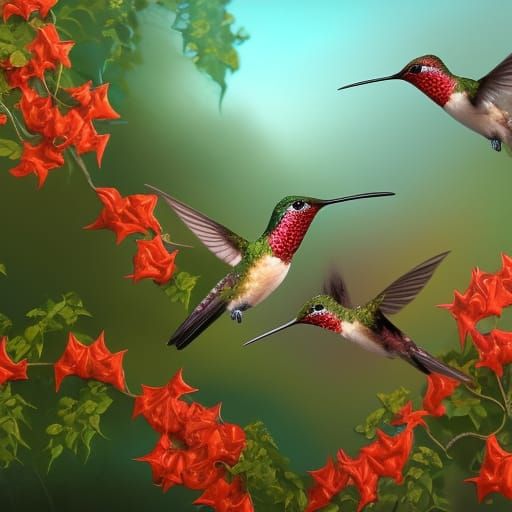 Hummingbirds Feeding on Trumpet Vine, Detailed Matte Paintin...