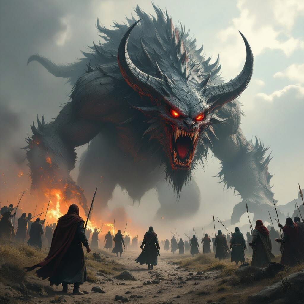 Epic Battle: Giants Attack Village in Digital Painting