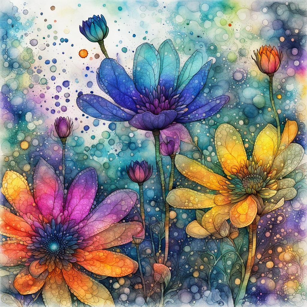 Spring Flowers in Filigree Line-Art with Watercolor