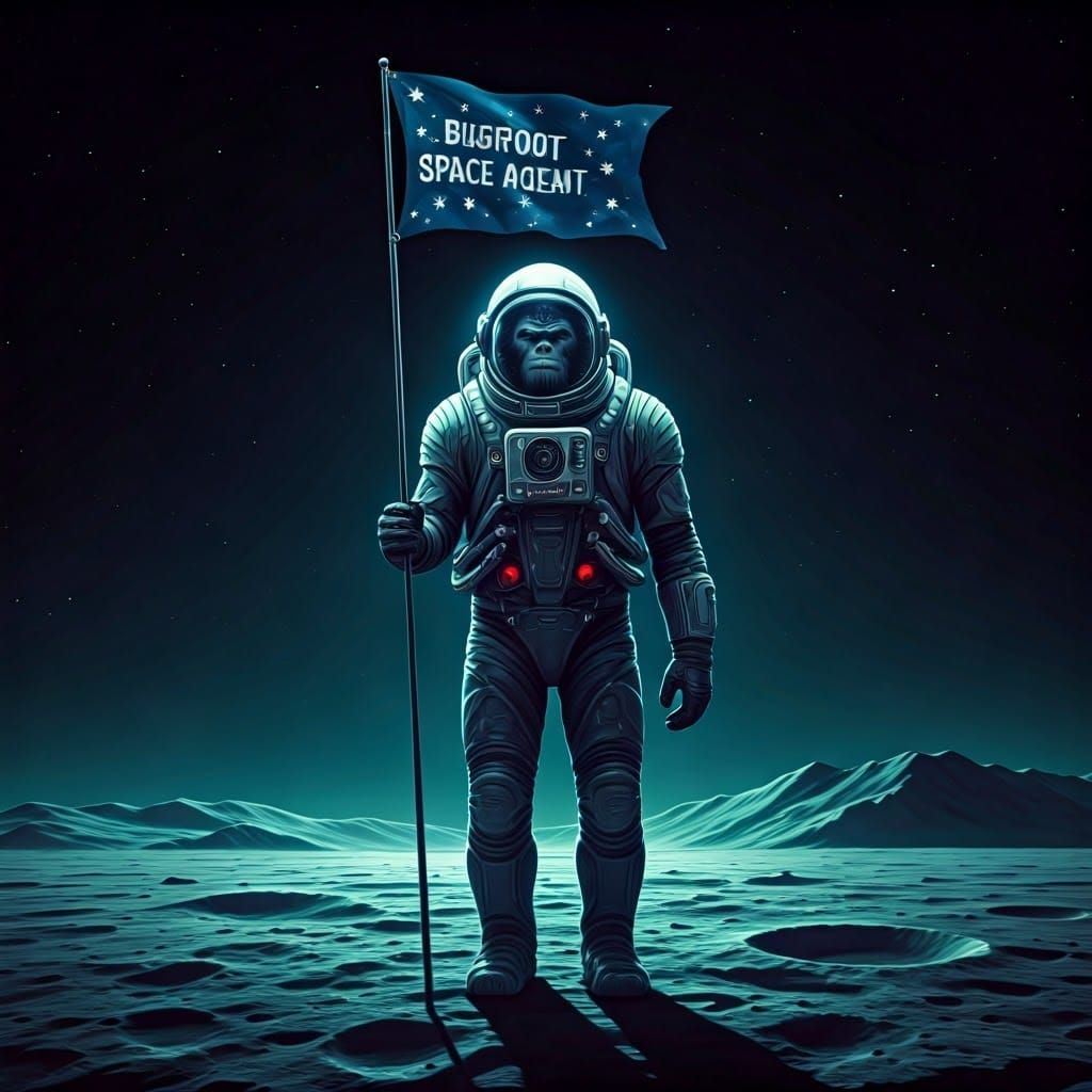 A sasquatch astronaut in a spacesuit on the moon, with a fla...