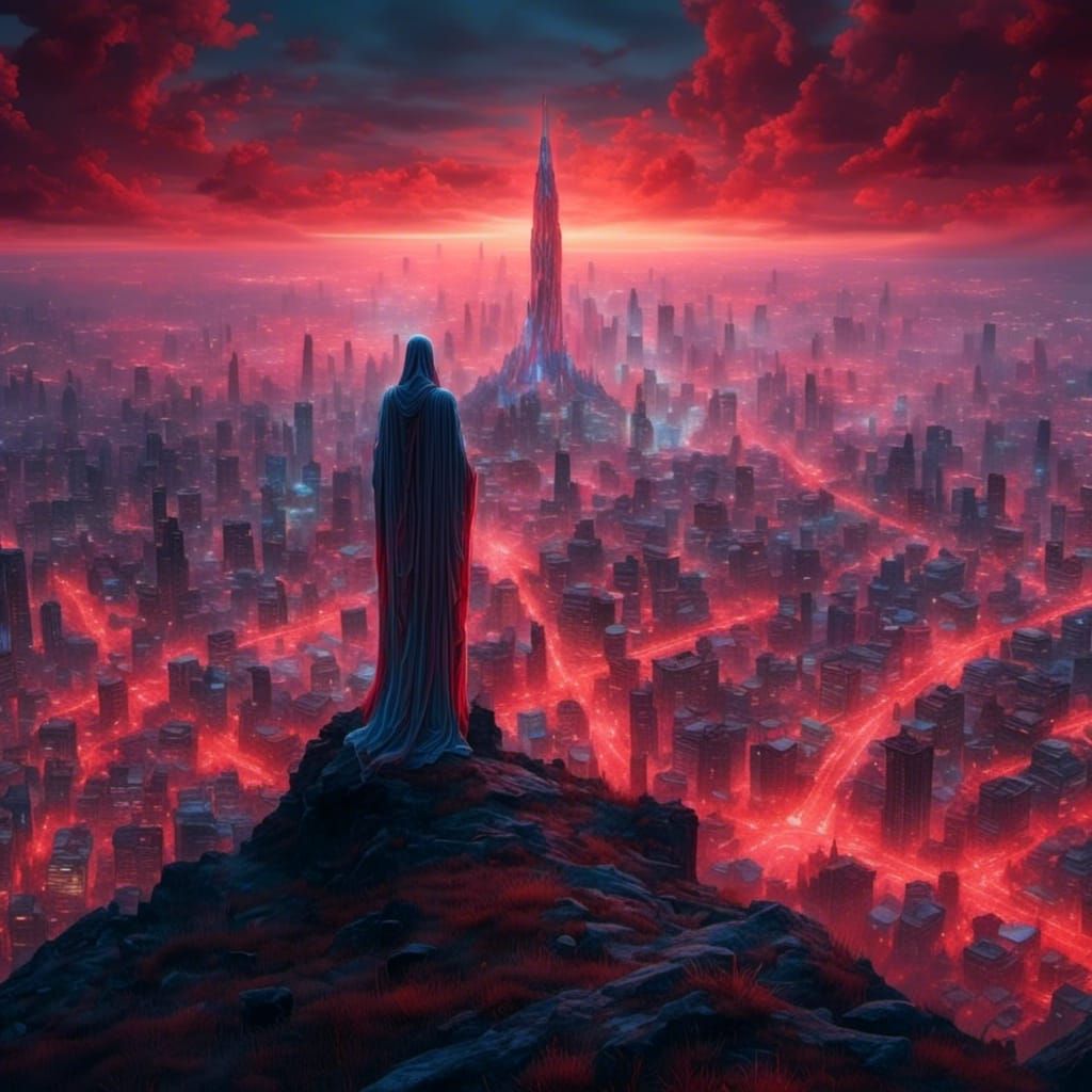 Red Neon Cross Overlooking Cityscape