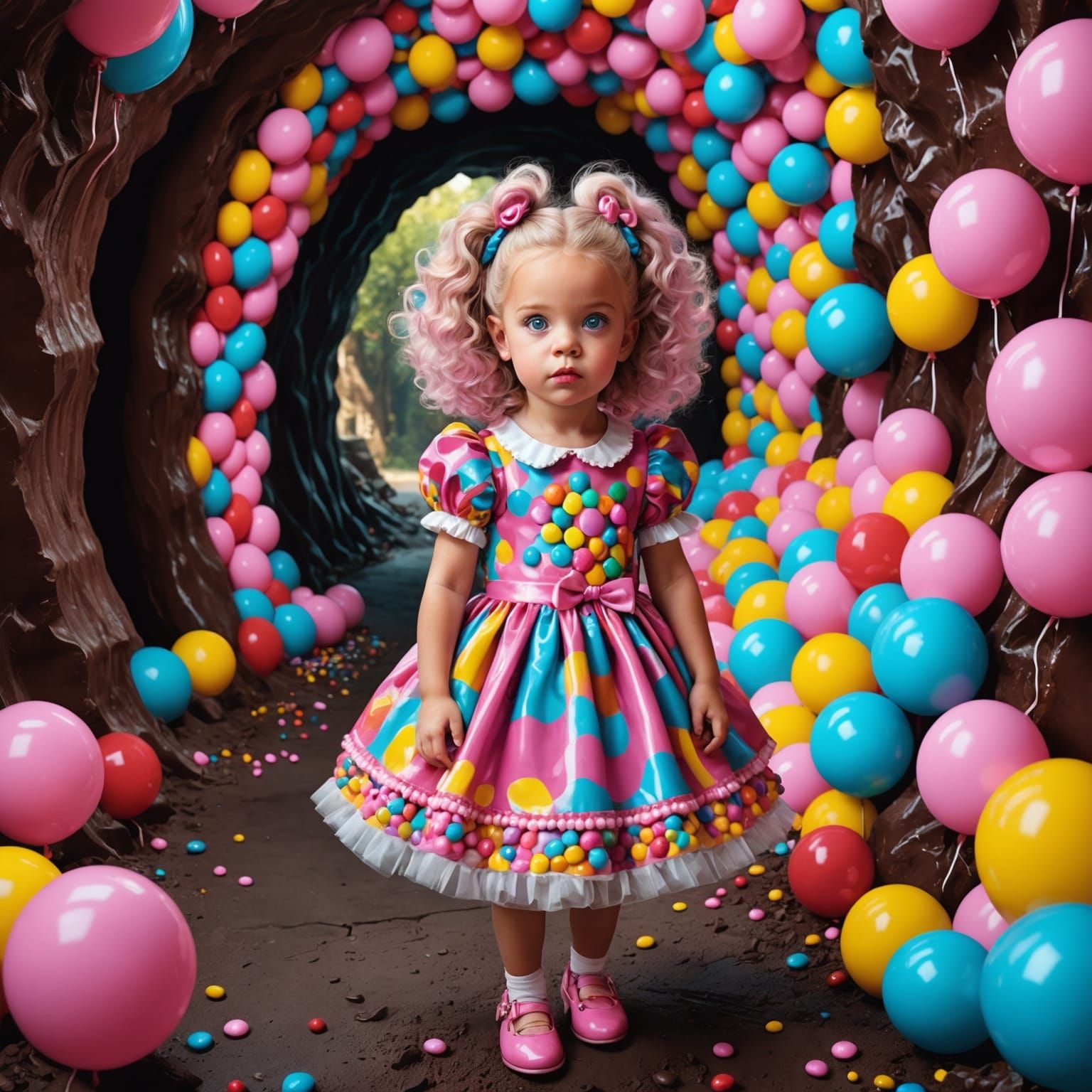 Girl in Candy Cave: Hyperrealistic Digital Illustration
