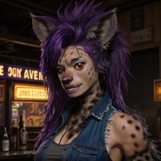Surreal Furry Hyena at a Dive Bar in Cartoonish Photorealism