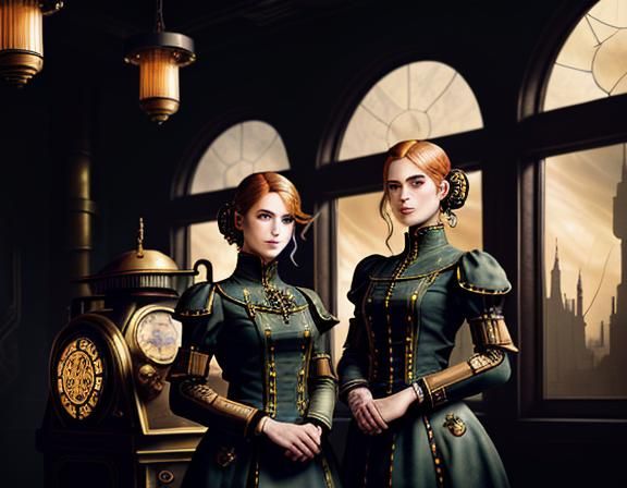 Steampunk Twins in Time Machine: Cinematic Digital Art