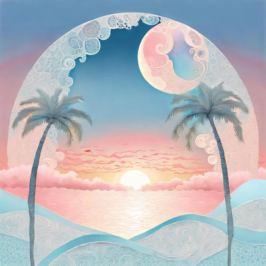 Lace Moon over Palm Trees, Digital Watercolor