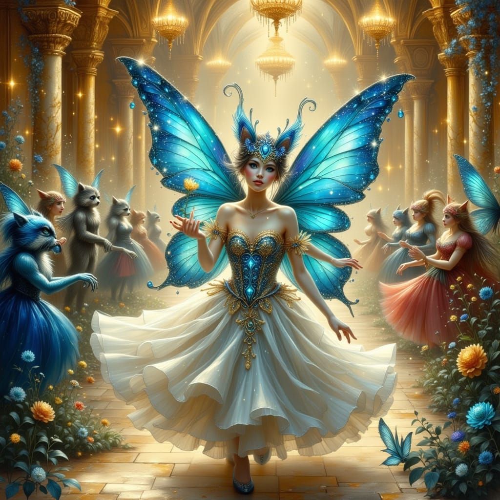 Cat Fairy at Masquerade Ball with Butterfly Wings