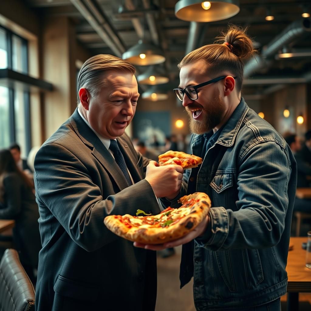 Politician and Hipster Pizza Fight in Restaurant Photo