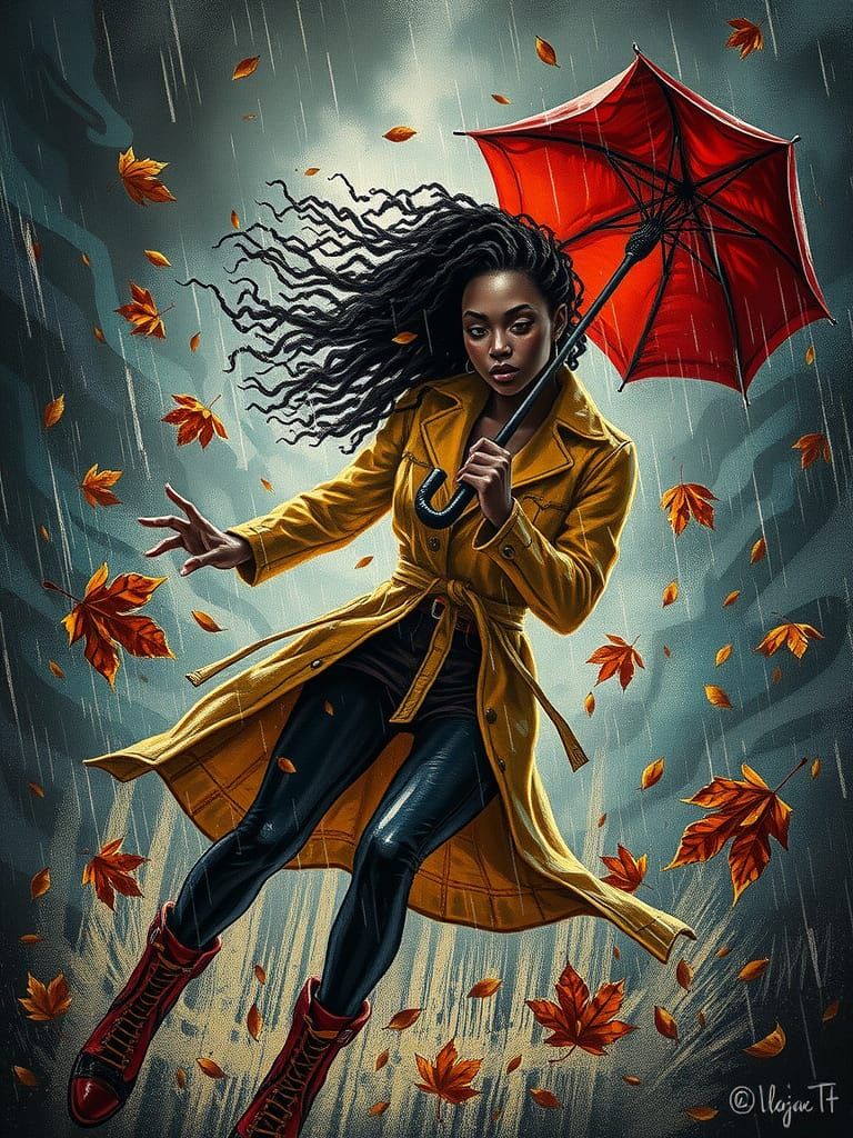 Stylized Painting of Woman in Autumn Storm with Broken Umbre...