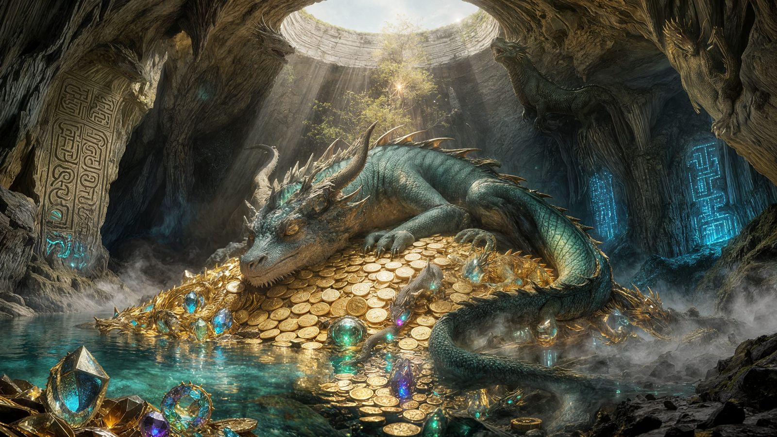 Ancient Dragon Sleeps on Gold in Celestial Cavern