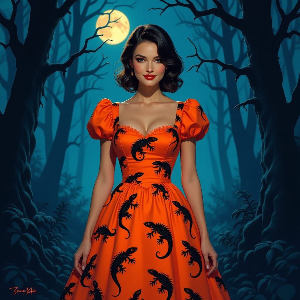Woman in Lizard-Print Halloween Dress in Eerie Forest