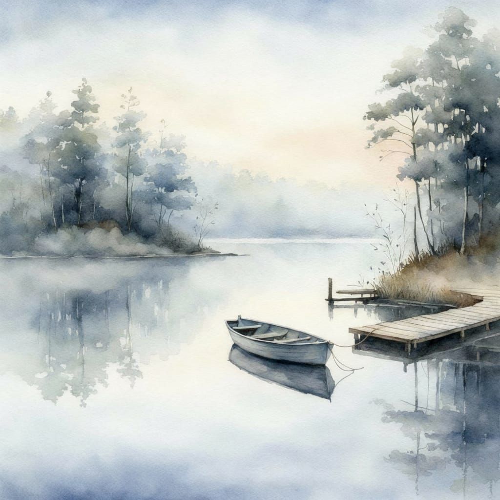 Misty Dawn Lakeshore with Boat and Rippling Reflections