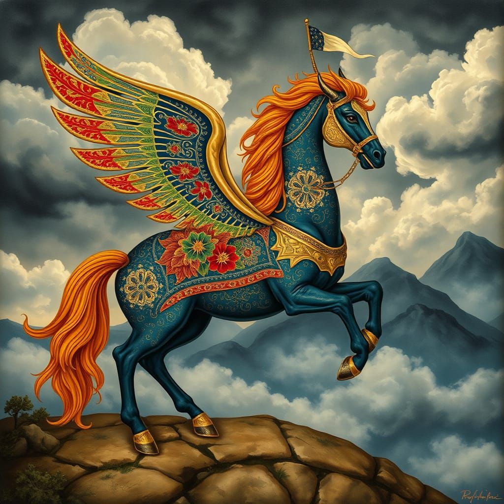 Ethereal Winged Stallion in Persian Miniature Style