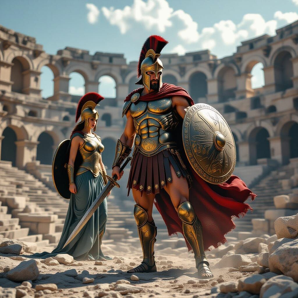 Ares and Athena in Ancient Ruins, Gritty War Scene
