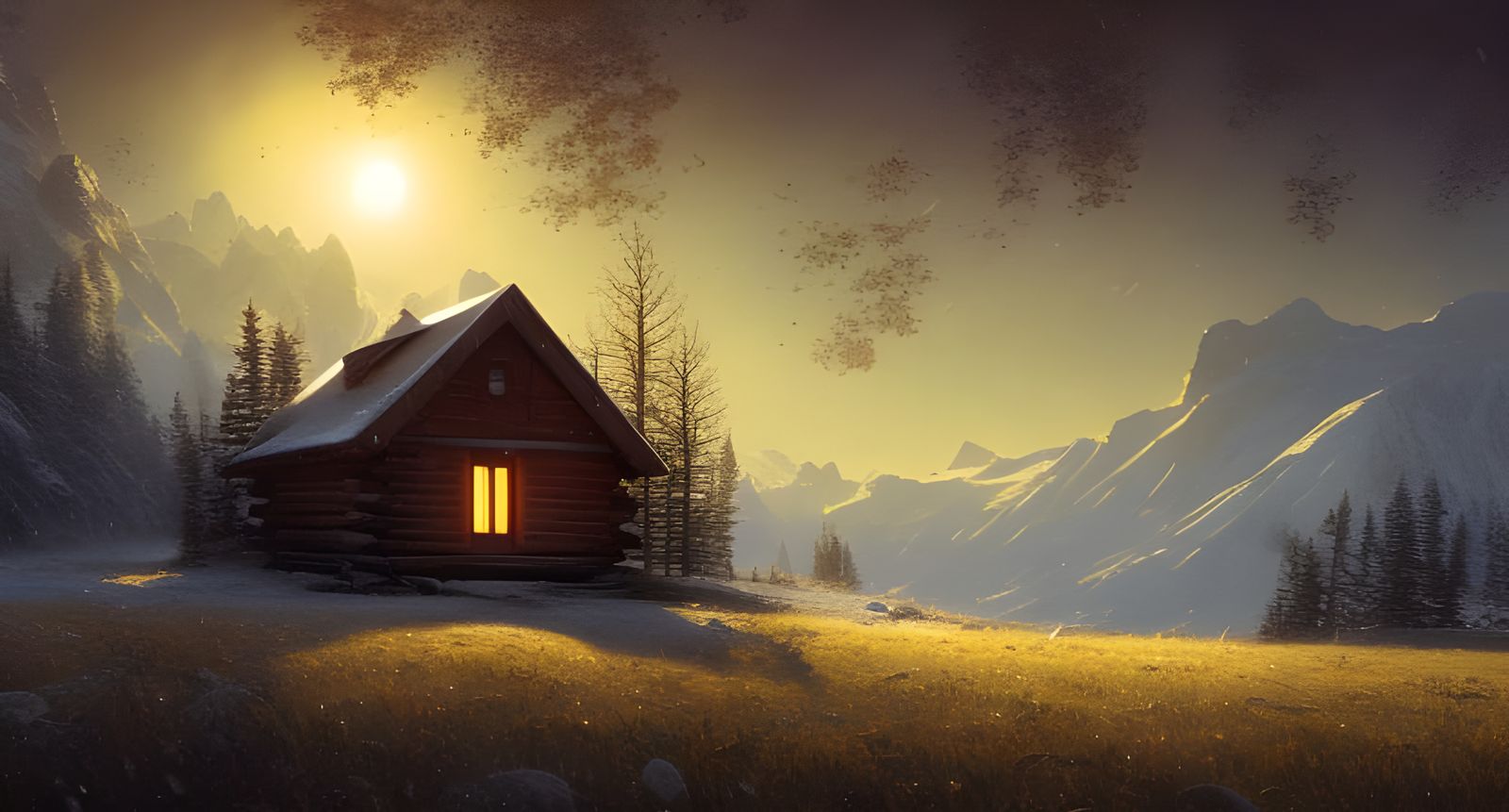 Winter Cabin Meadow: Acrylic Painting