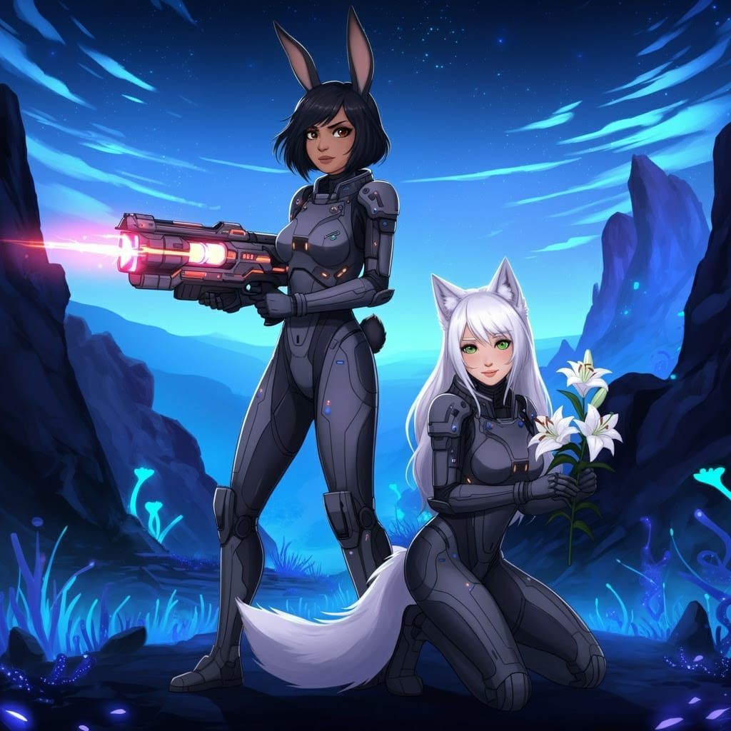 Space Wolfie and Moon with lilies