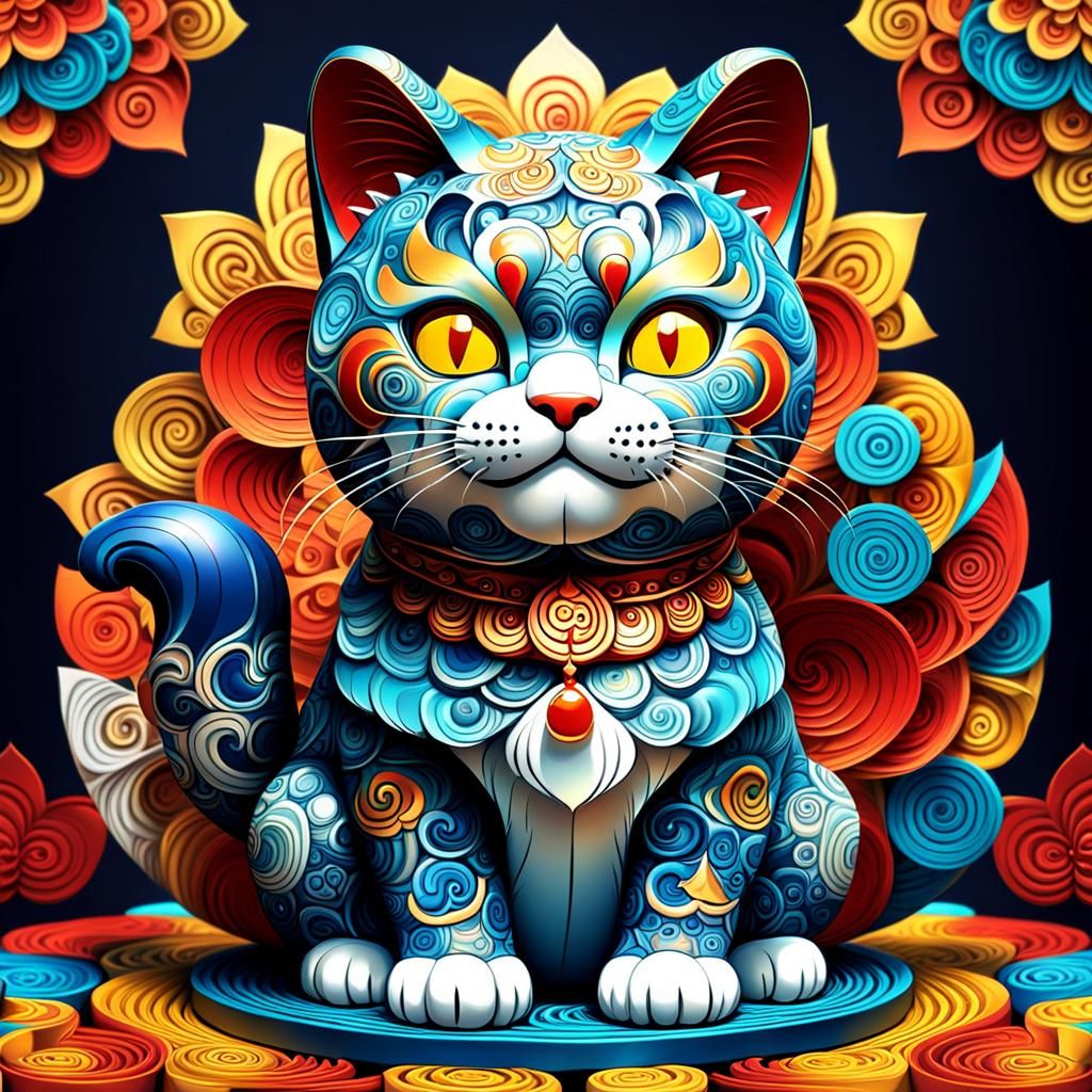Lucky Maneki Neko with Abstract Fractal Design