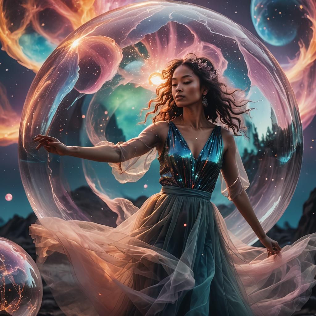 Ethnic Lady Dancing in Crystal Orb, Fantasy Art