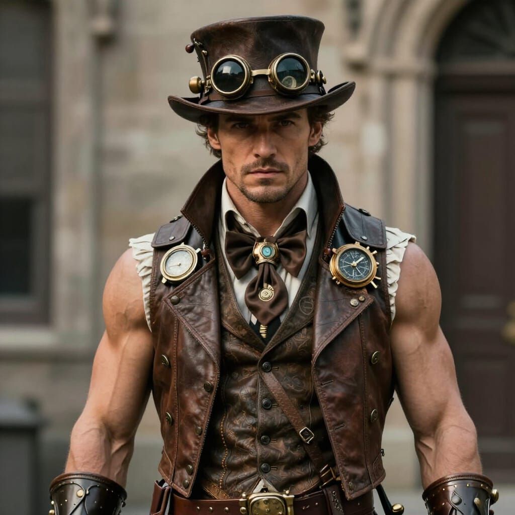 Muscular Man in Striking Steampunk Attire