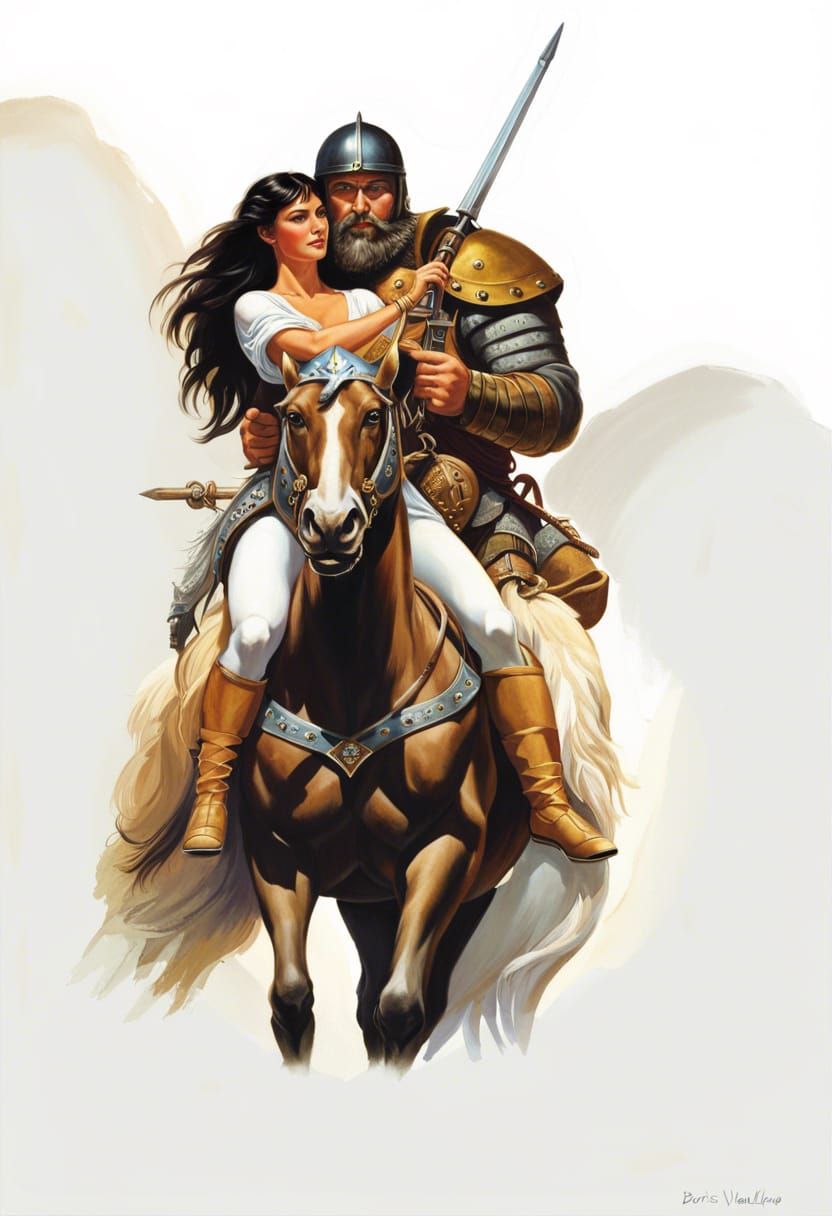 Viking Warrior and Woman on Horseback in Oil Painting Style