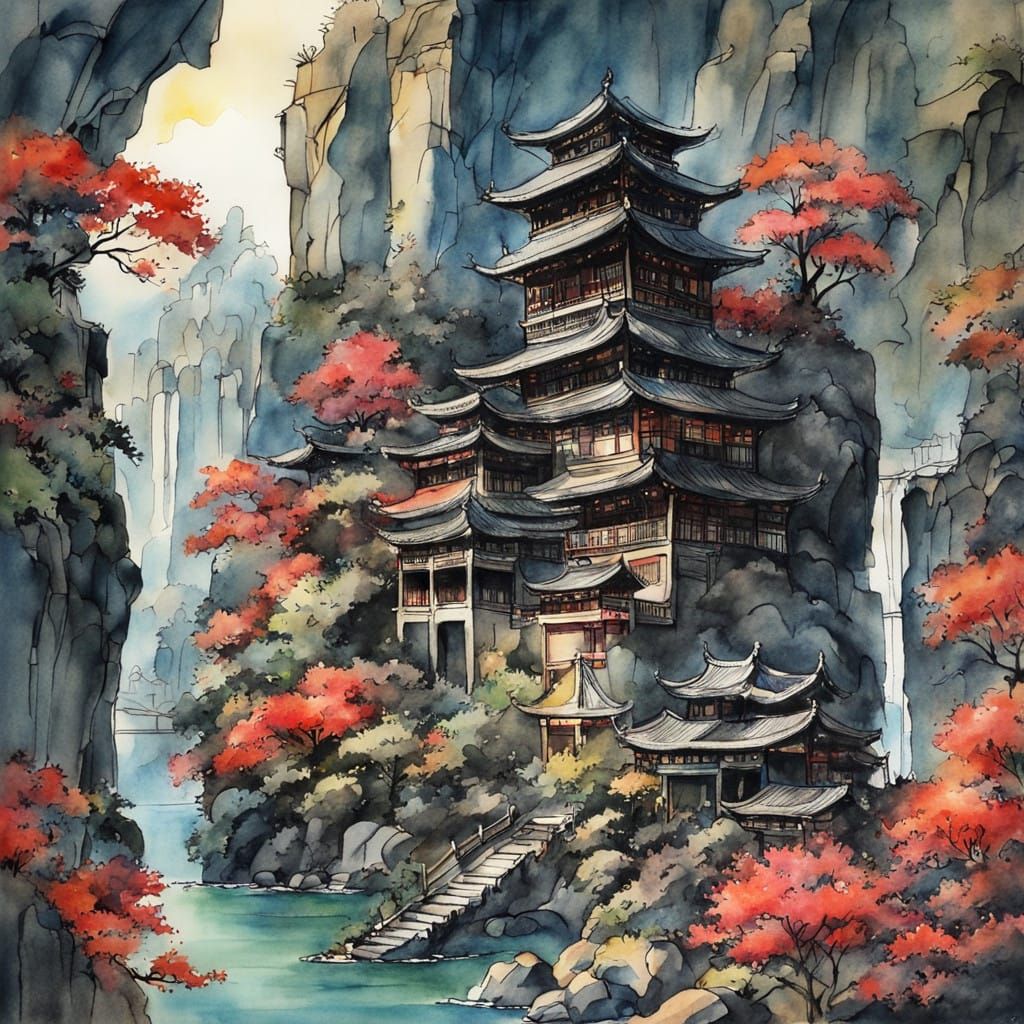 Eastern Folk Watercolor Ink Drawing in Nature