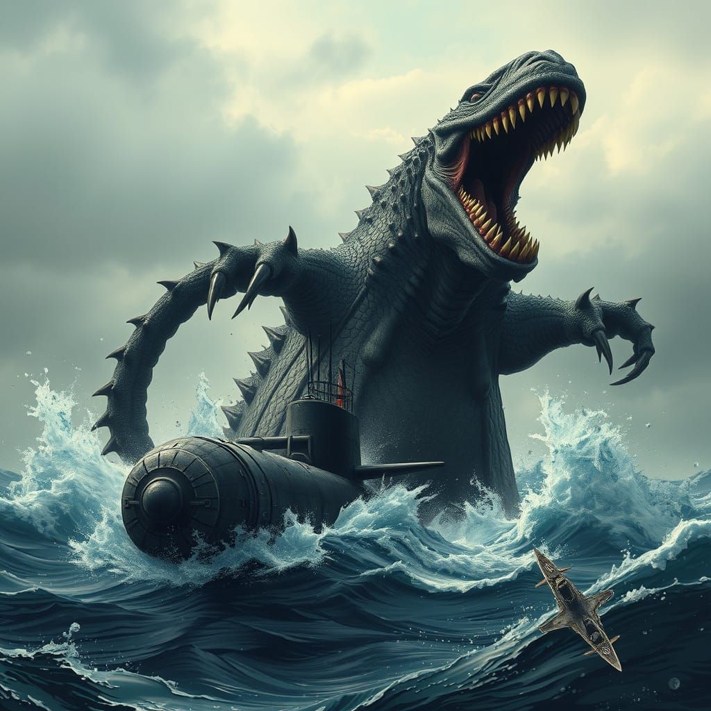 Cyberpunk Kaiju Battles Vintage U-Boat in Turbulent North At...