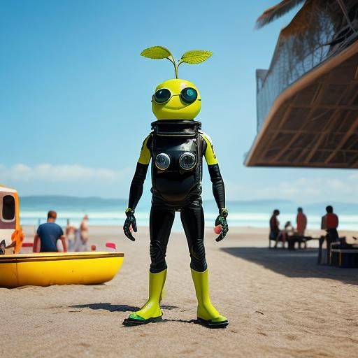 Biopunk Fruit in Diving Suit at the Beach