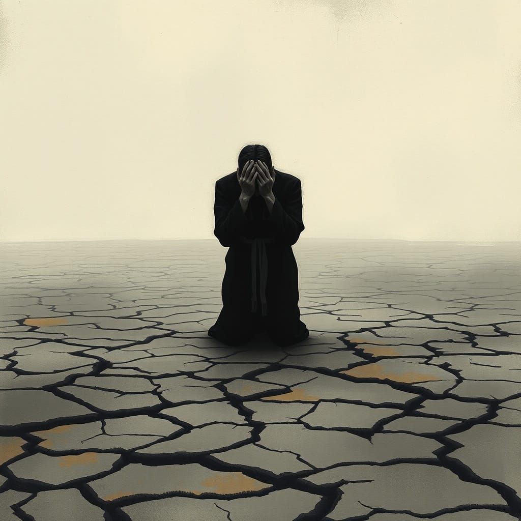 Grief in a Dry Riverbed Under a Grey Sky