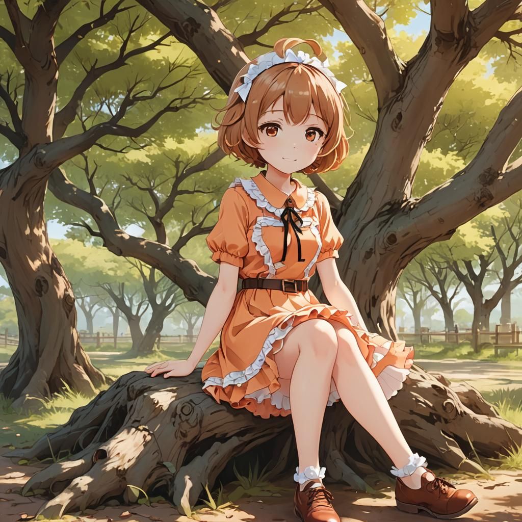Girl in Apricot Dress Sitting Under Tree in Anime Style