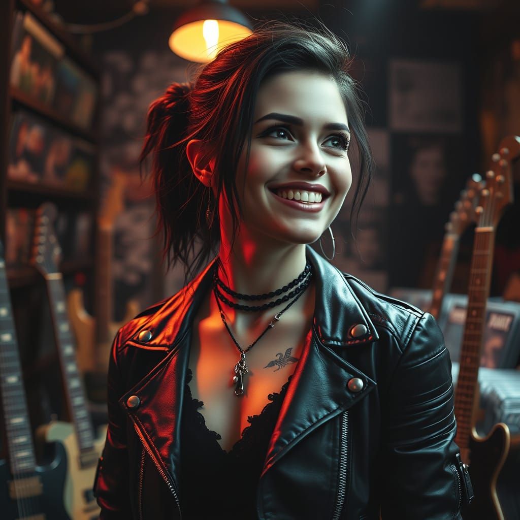 Gothic Musician in Dimly Lit Music Store