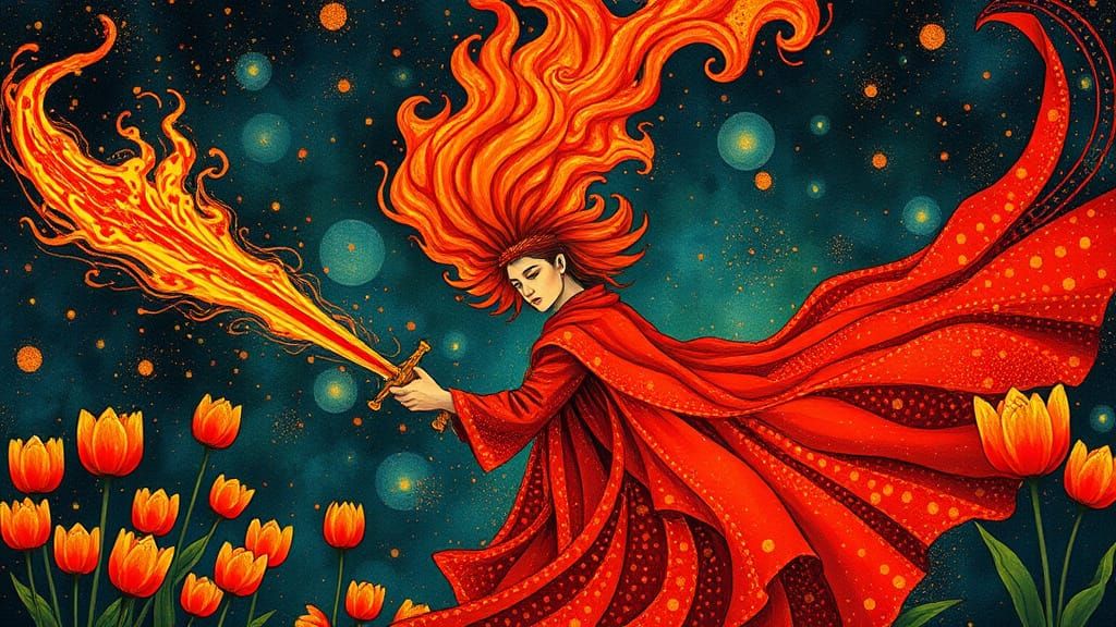 Ethereal Warrior in Red with Blazing Sword and Whimsical Flo...