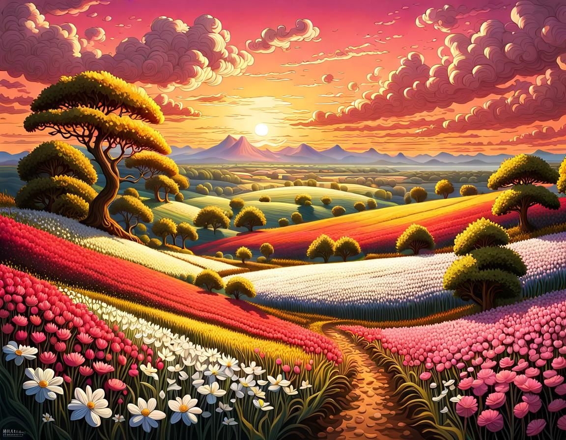 Spring Fantasy Landscape in 1930s Poster Art Style