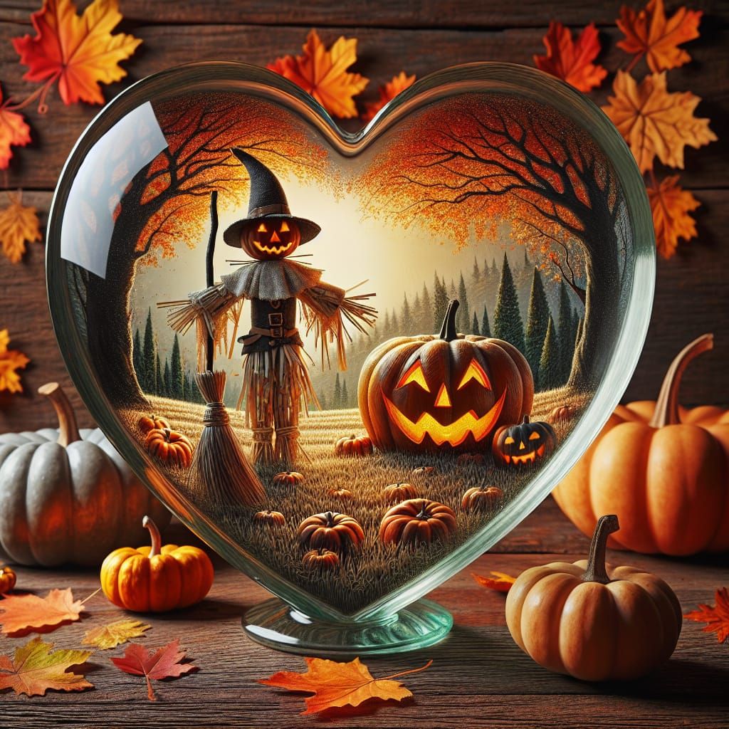 Halloween Scene in Heart-Shaped Glass Bowl