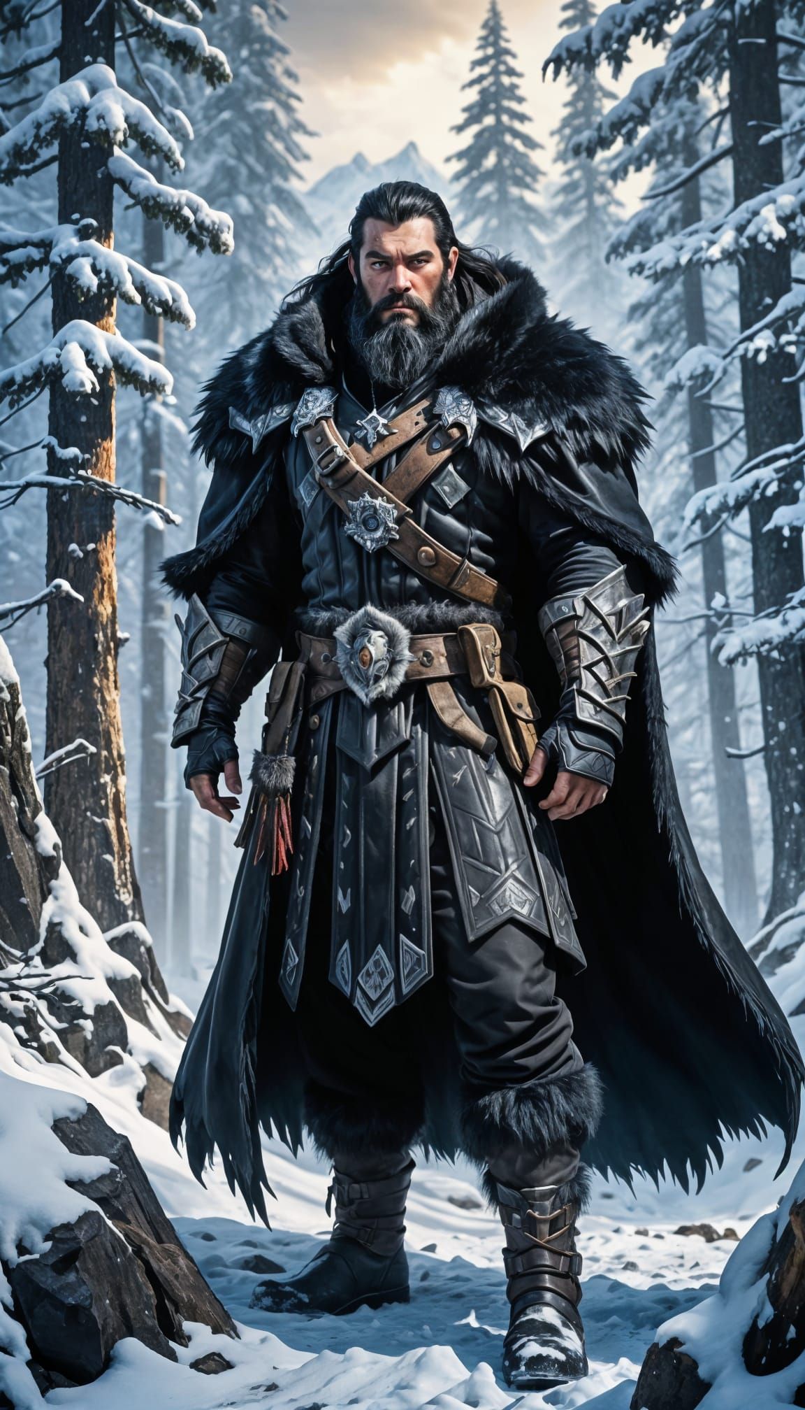 Fierce Mountain Man in Snowy Forest