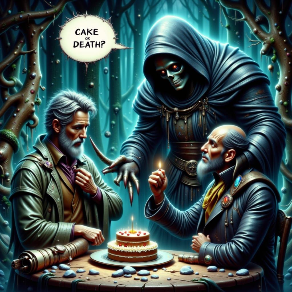 Death Offers Cake or Death in Comic Style