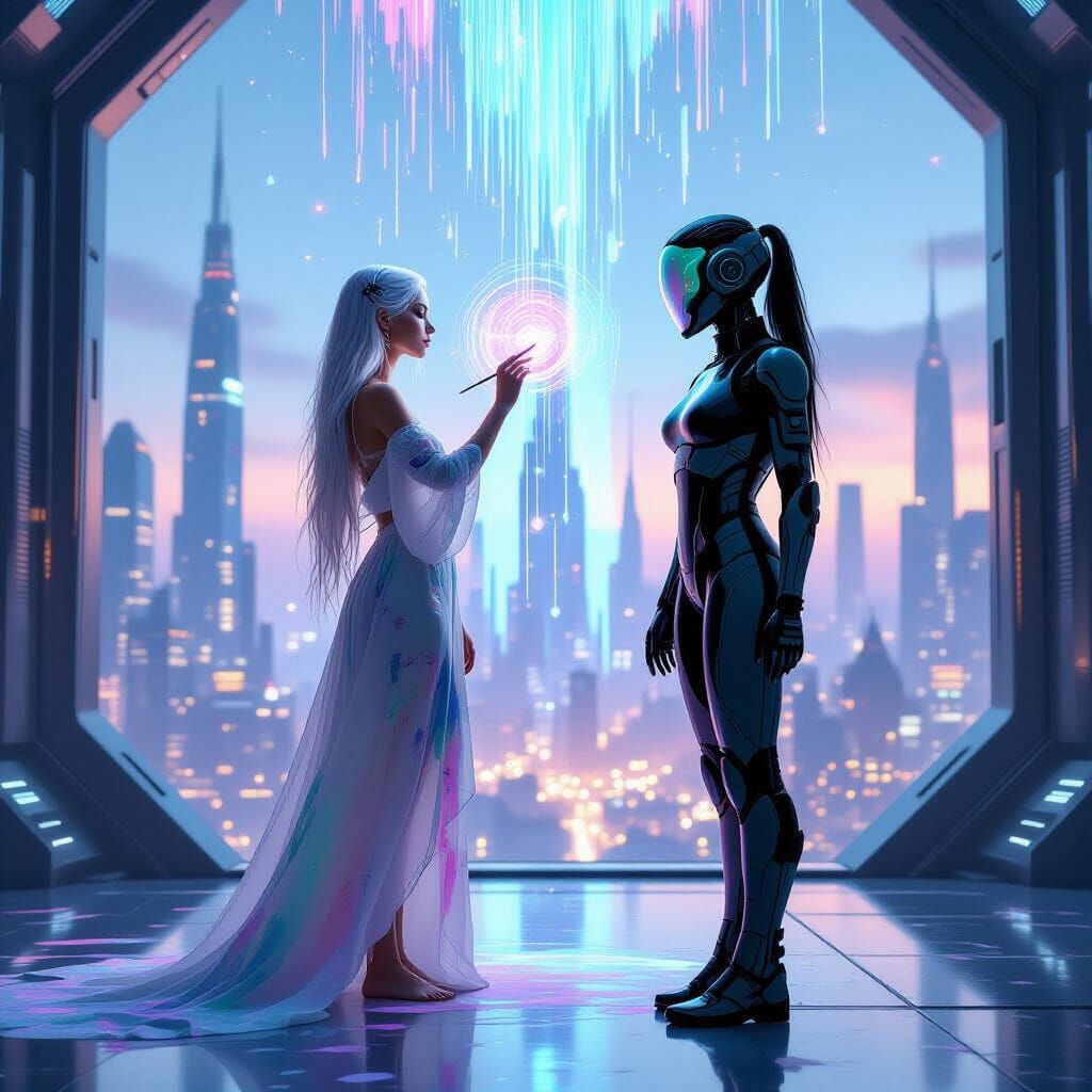 Futuristic Art Studio with Painter and Cyborg in Cyberpunk C...