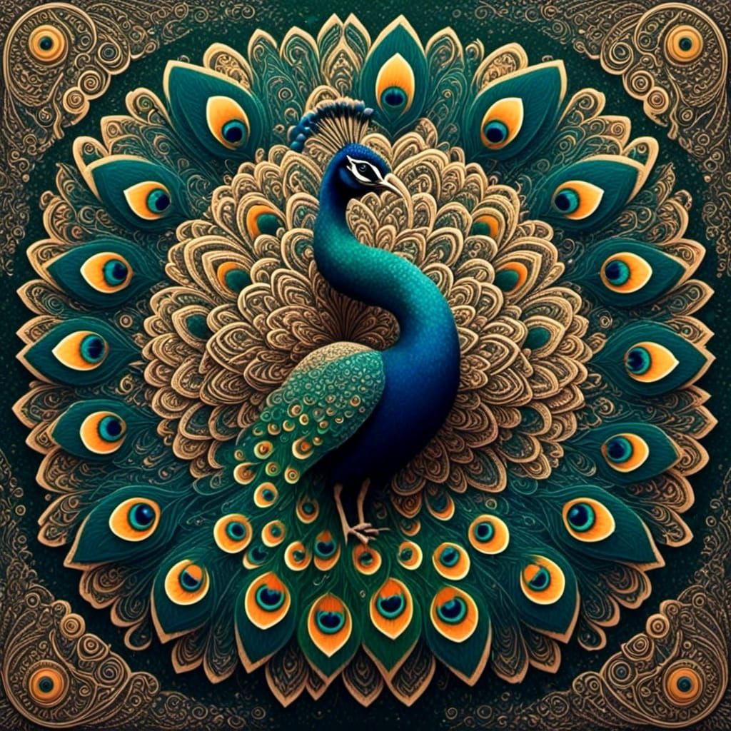 Ornate Peacock Mandala in Sacred Geometry Style