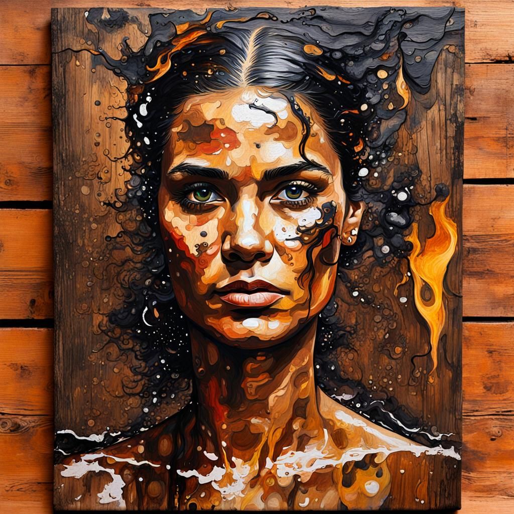 Gouache Portrait on Burned Wood Canvas