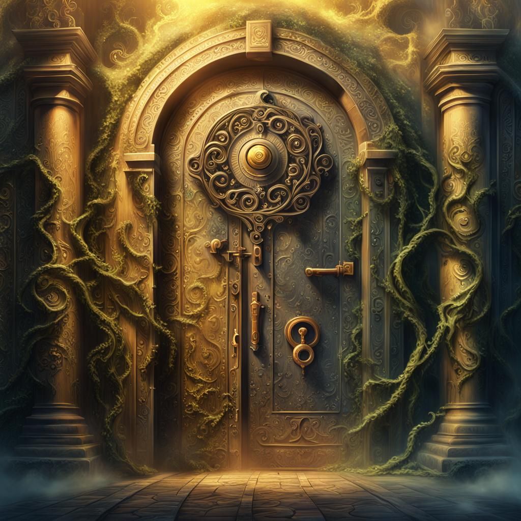 Enchanted Key Before a Mysterious Door in a Fantasy Land