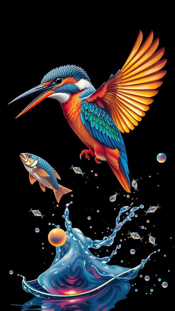 Kingfisher Catching Fish in Kinetic Pointillism Style