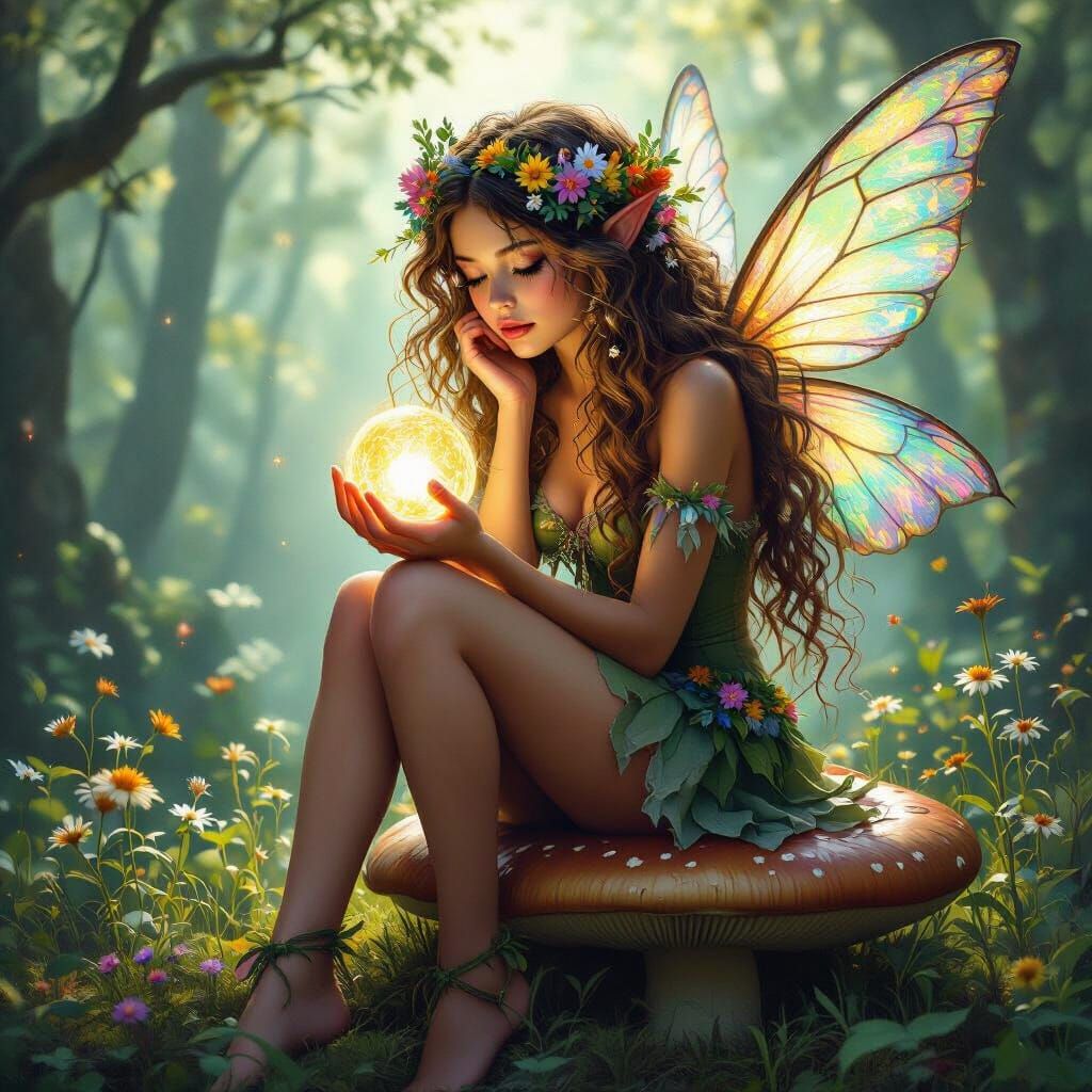 Forest Fairy with Glowing Orb, Hyperrealistic Oil Painting