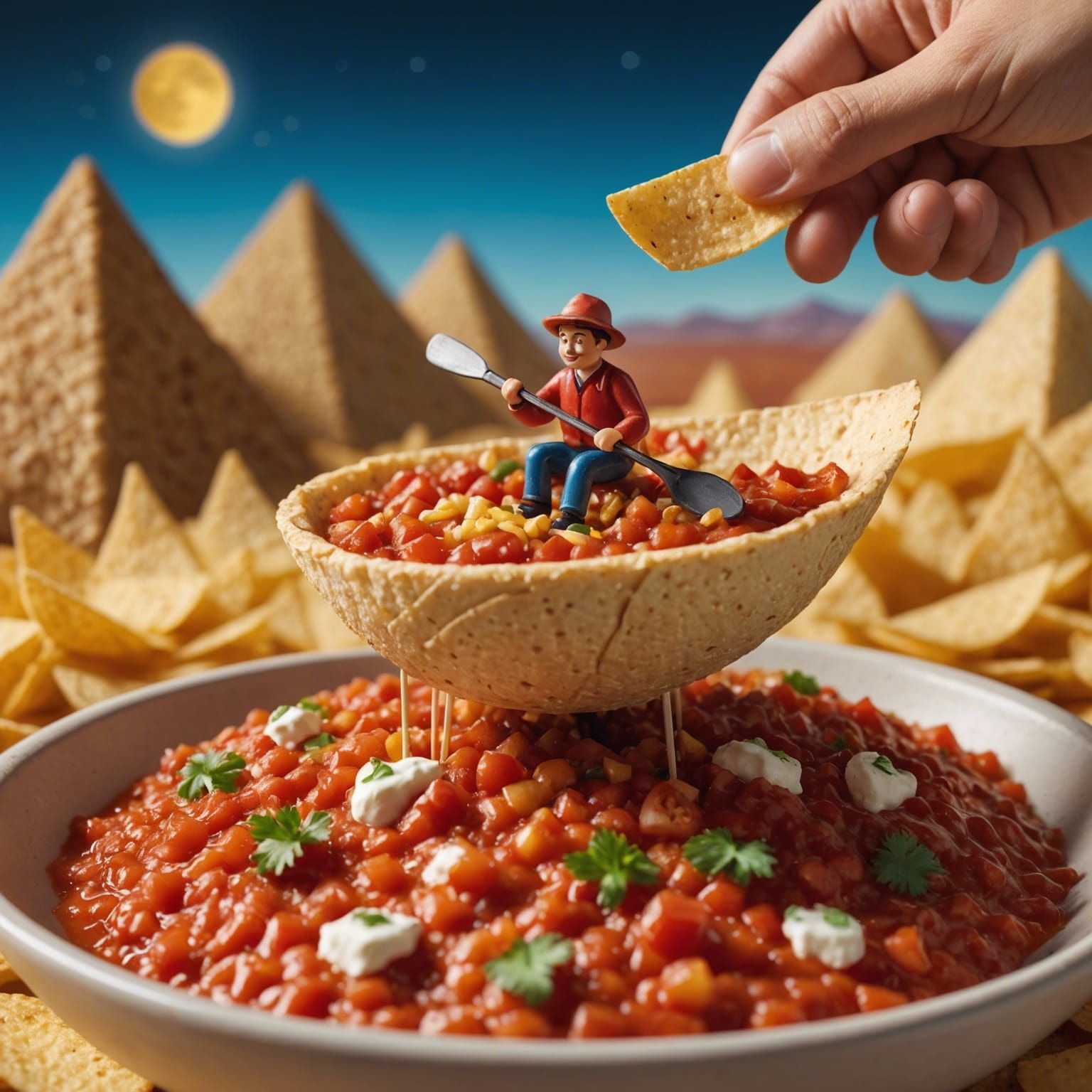 Surreal Tiny World: Human Canoeing on Tortilla Chip