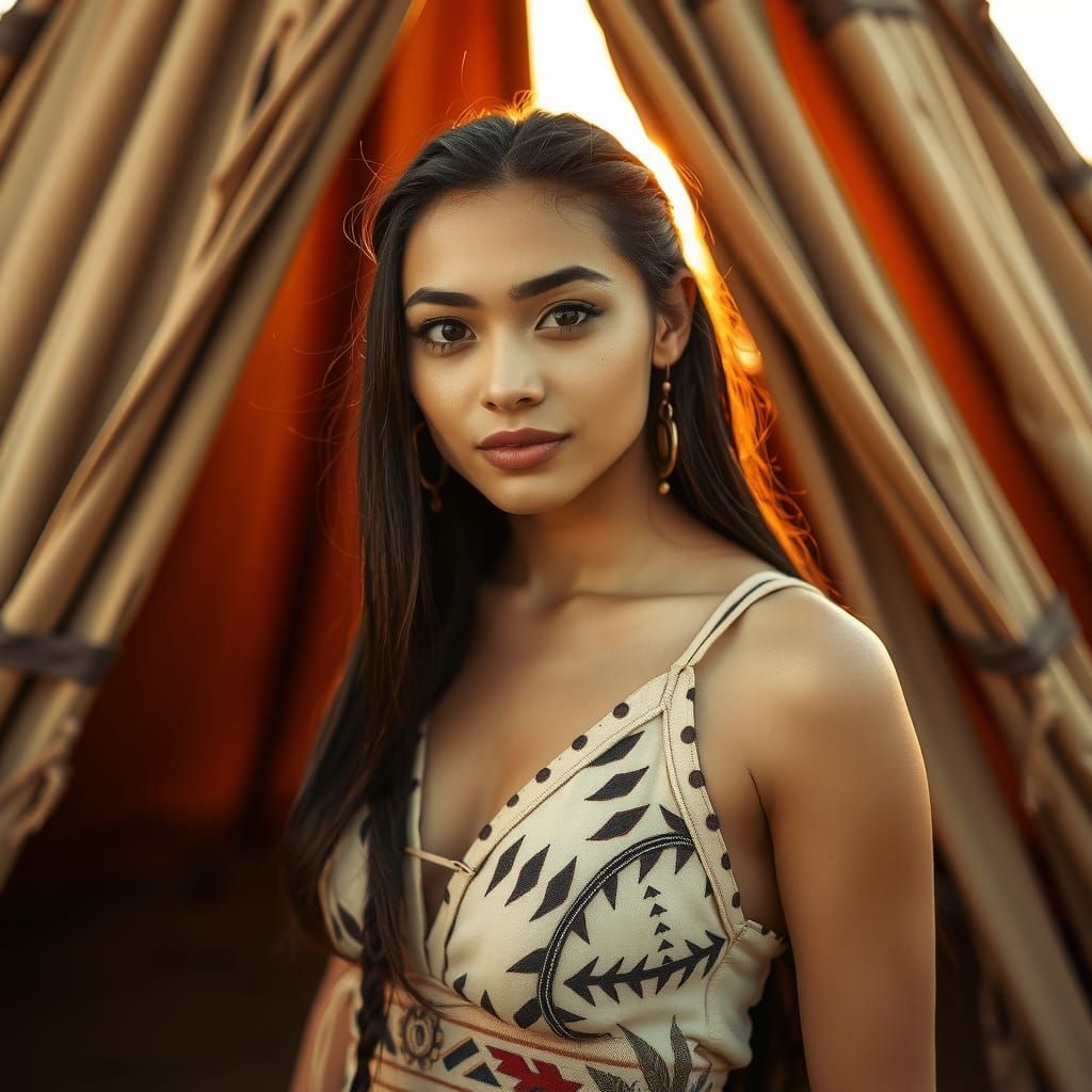Native American Woman Emerging from Teepee in Warm Golden Li...