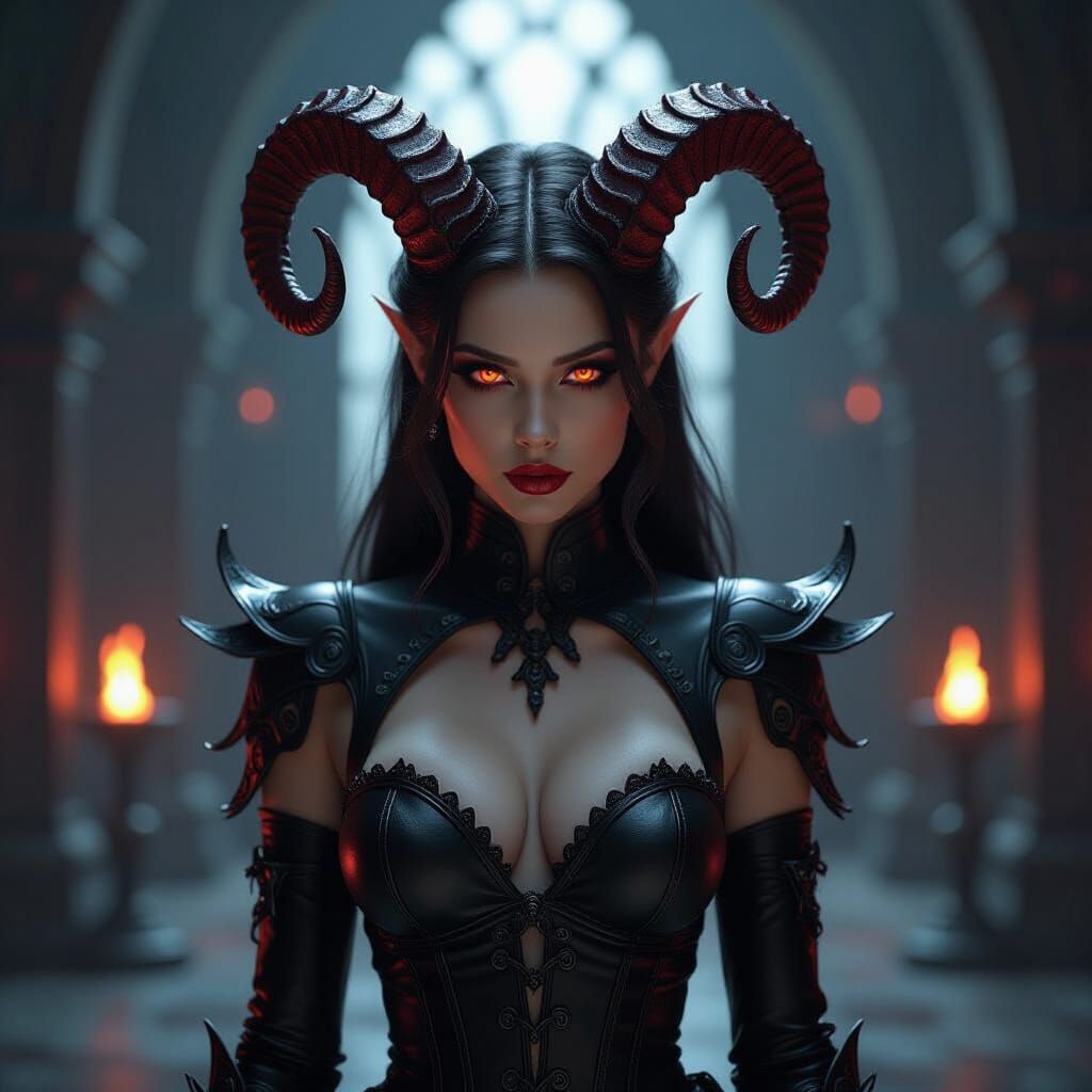 Beautiful Demoness in Gothic Chamber, Photorealistic Style