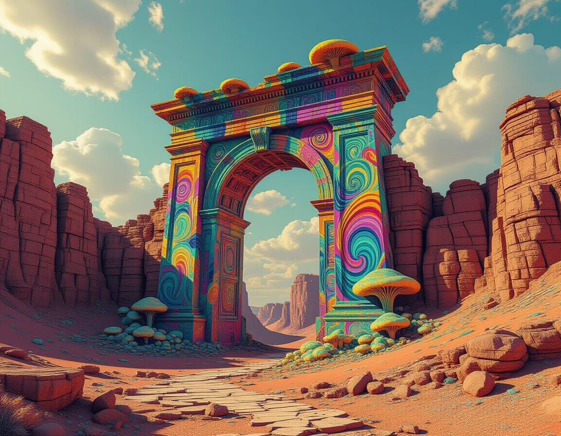 Surreal Gateway in Stone Desert as Impasto Painting
