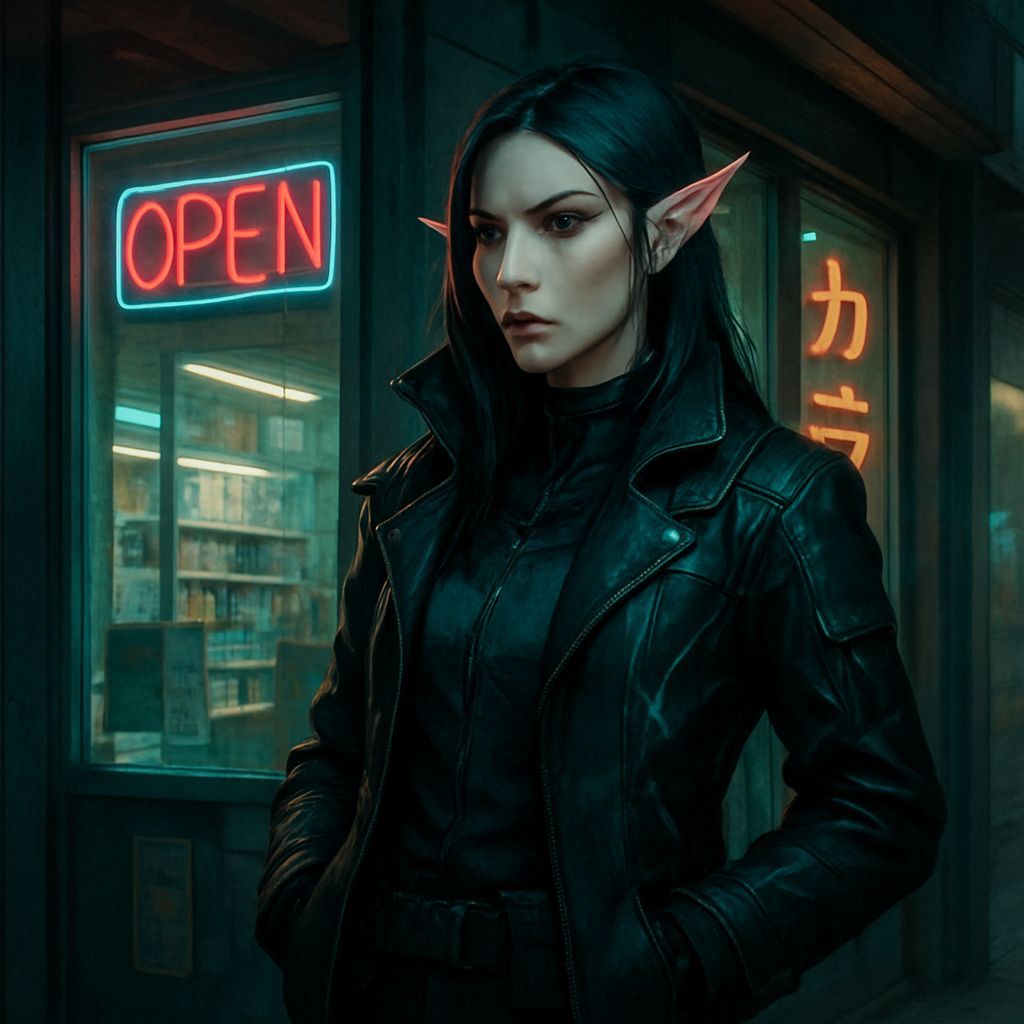 Shadowrun Elf Stands Guard Outside Storefront