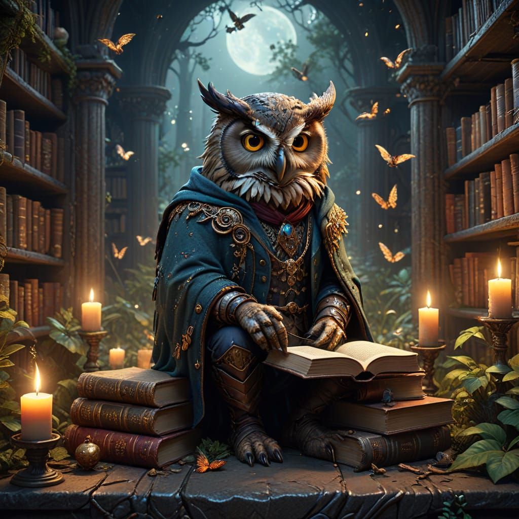 Fantasy Owl Librarian in Hidden Forest Library