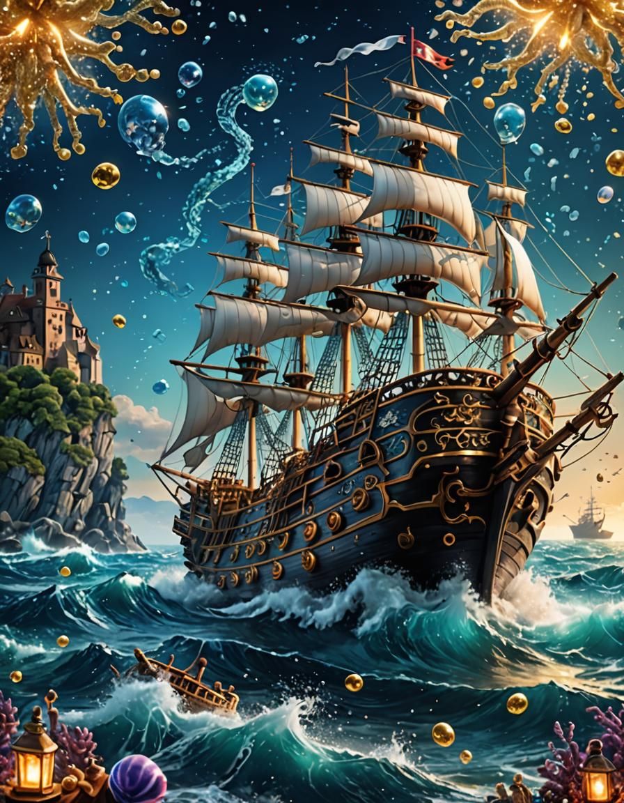 Fairy-Tale Pirate Ship on Glittering Ocean