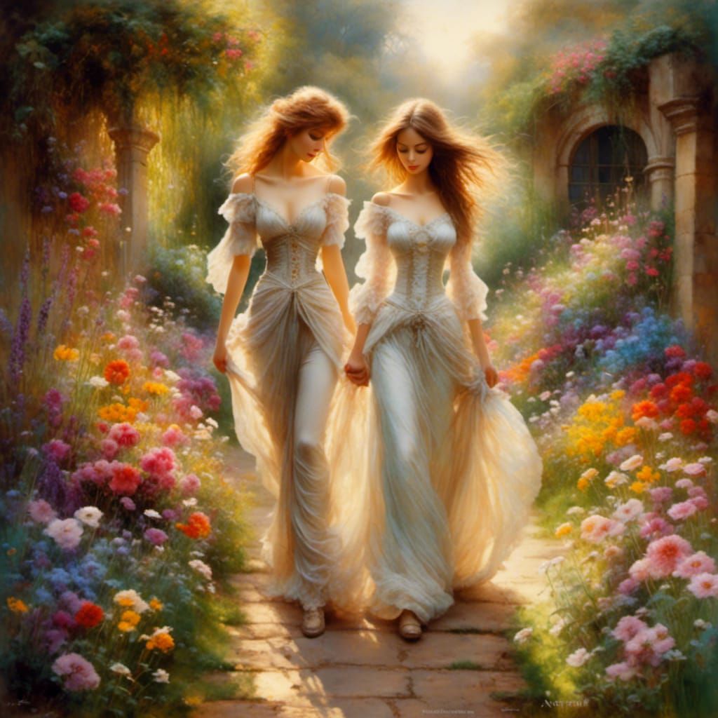 Women Walking on Flower Path in Impressionism Style